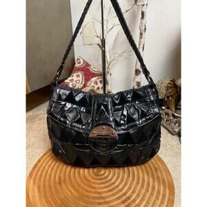 ELLIOT LUCCA SHINY BLACK Medium LEATHER FLAP COVER HOBO SIGNATURE BUCKLE